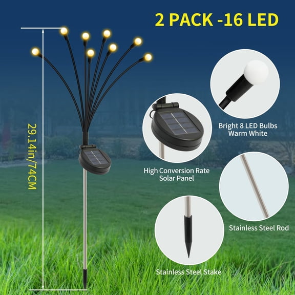 EFEMF-Solar Garden Lights Outdoor Waterproof: 2-Pack Firefly Lights with 8 LED Bulbs, Warm White, Swaying Firefly Design, Upgraded Solar Panel, Stainless Steel Rod, All-Weather Yard Decorations