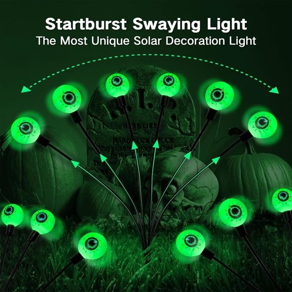 EFEMF-Solar Halloween Decorations - 2 Pcs Scary Green Eyeball Lights, Waterproof Swaying Firefly Lights for Yard, Garden, Lawn, Party