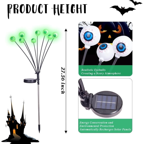 EFEMF-Solar Halloween Decorations Pathway Lights, 2 Packs 16 LED Green Halloween Eyeballs Waterproof Light, Swaying Scary Eye Firefly Outdoor Solar Lights for Yard Garden Lawn Path