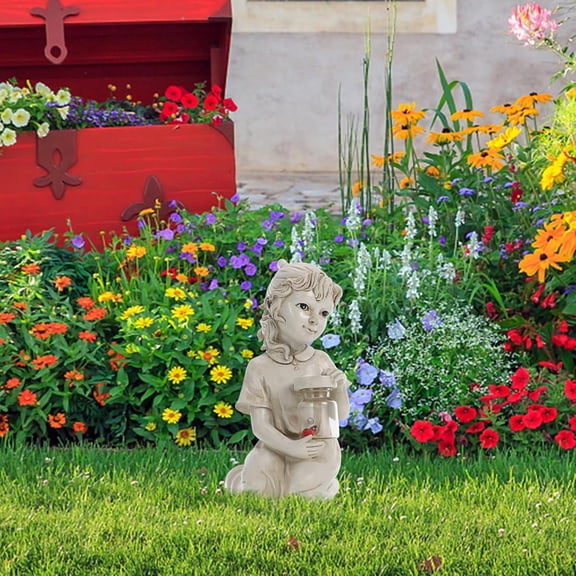 EFEMF-Solar Light Garden Statue Kid with Solar Fireflies Sculpture Outdoor Waterproof Landscape Lighting Figurine Lights for Yard Pathway Decor