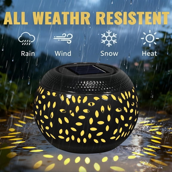 EFEMF-Solar Powered Table Light Waterproof - Black Metal Retro Hollowed-Out Lantern Flickering Flame, Indoor Outdoor Solar Tabletop Lamp for Desk/Bedroom/Patio/Yard/Garden Decor for Pathway Lighting