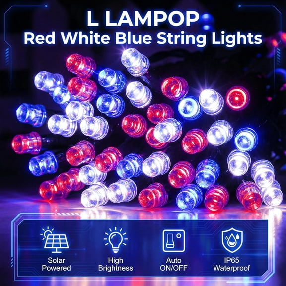 EFEMF-Solar Red White Blue String Lights 46FT 120LED Patriotic Light with 8 Modes Waterproof Solar Powered Outdoor Lights for 4th of July Memorial Day Independence Day Garden Patio Party Decor