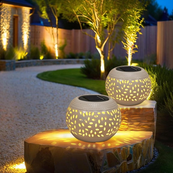 EFEMF-Solar Table Light Waterproof Outdoor & Indoor Lantern - White Metal Retro Hollowed-Out Flickering Flame Tabletop Lights for Desk/Bedroom/Patio/Garden, Solar Powered Lamp Pathway Yard Garden Dec