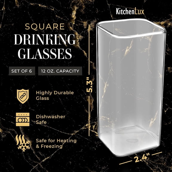 EFEMF-Square Drinking Glasses Set of 6 - Square Glass Cups 12 oz - Modern Glassware Set - Trendy Aesthetic Glass Ware for Highball Whiskey Cocktail Beer Water Tea Iced Coffee - Bar Accessories