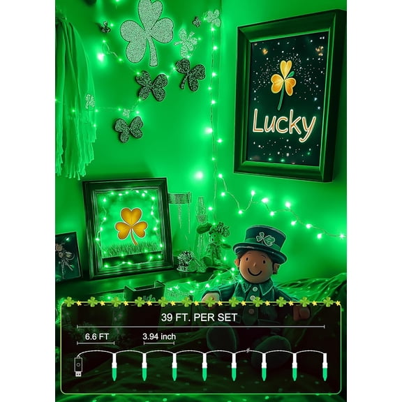EFEMF-St. Patrick's Day Green String Lights - 39 Feet 100 LED Mini Green Lights with Remote, USB Operated Waterproof Tree Lights for Indoor Outdoor Garland Wreath Home Garden Holiday Party Decor
