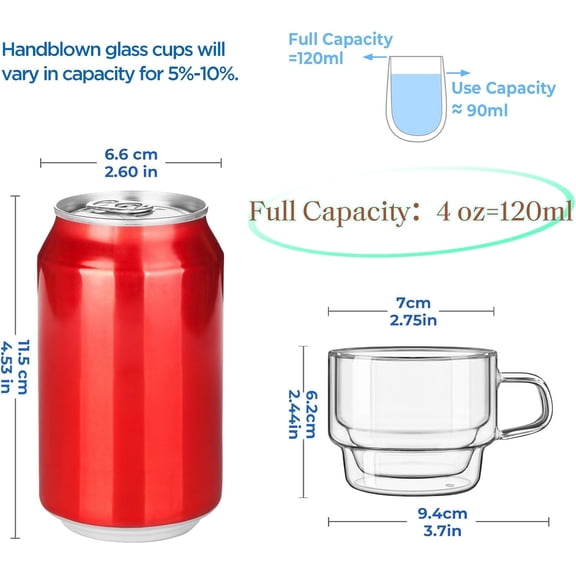 EFEMF-Stackable Glass Cups 4 oz Espresso Glasses Double Walled Espresso Cups Glass Set of 2, 120ml Coffee Glasses Tea Glasses Espresso Cups Set for Tea, Milk, Gifts for Women Man - German Quality