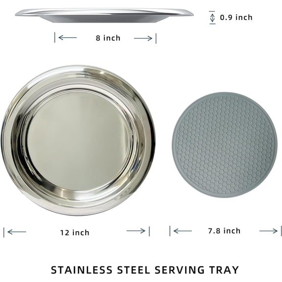 EFEMF-Stainless Steel Round Serving Tray,Metal Decorative Tray,Display Serving Platter for Wine and Glasses,12 Inches