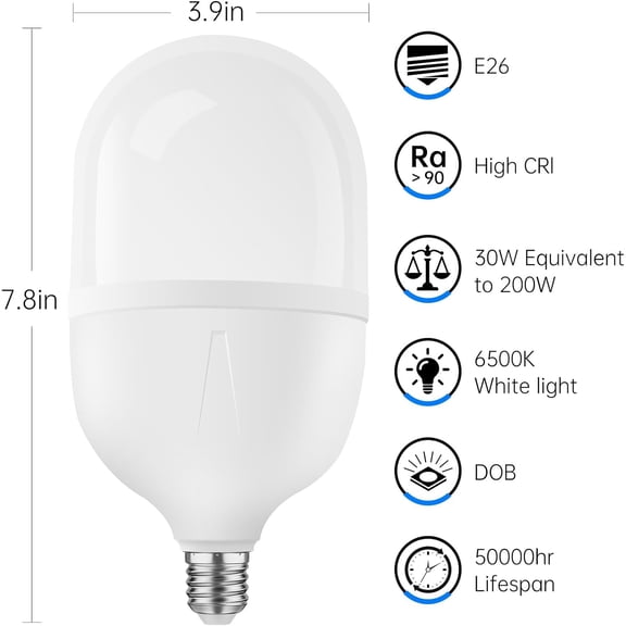 EFEMF-Super Bright Light Bulbs, 250-300W Equivalent Exceed 3000LM E26 LED Bulb, 6500K Daylight 30 Watt High Lumen LED Bulb for Home, Shopping mall, Hotel, Factory, Warehouse, Garage (30, Watts)