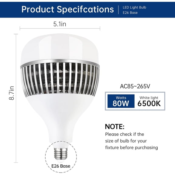 EFEMF-Super Bright Light Bulbs, 550-750W Equivalent Exceed 8000LM E26 LED Bulb, 6500K Daylight 80 Watt High Lumen LED Bulb for Home, Shopping mall, Hotel, Factory, Warehouse, Garage (80, Watts)
