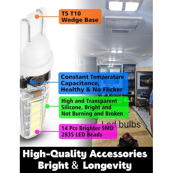 EFEMF-T10 921 922 912 194 168 Led Bulbs Bright White 6000K, 12-24V 300LM for RV Camper Trailer Boat Trunk Interior Dome Map License Lights Backup Reverse Lights,10PACK