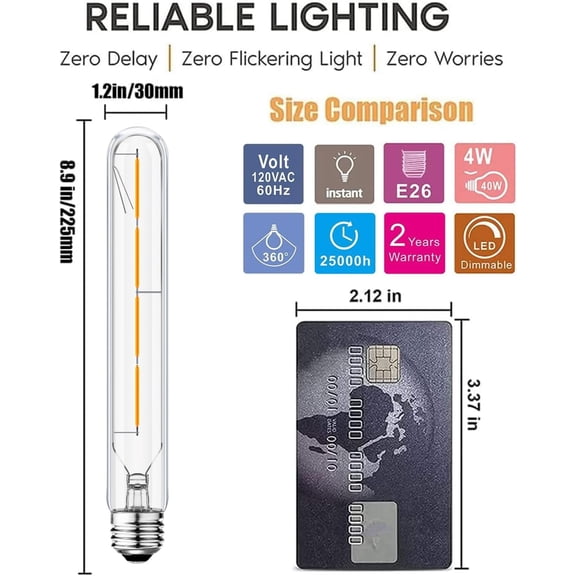 EFEMF-T10 Led Long Bulbs,4W Dimmable Tubular Bulb,40 Watt Equivalent,E26 Edison Style Vintage LED Filament Light Bulb,3000K Soft White,8.9in(225mm),4-Pack.