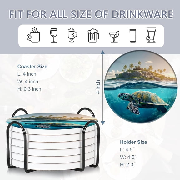 EFEMF-Table Coaster for Drinks Set of 6, Sea Turtles Round Ceramic Coasters,with Cork Base and Metal Holder,Great Housewarming Birthday Gifts,Home Decor