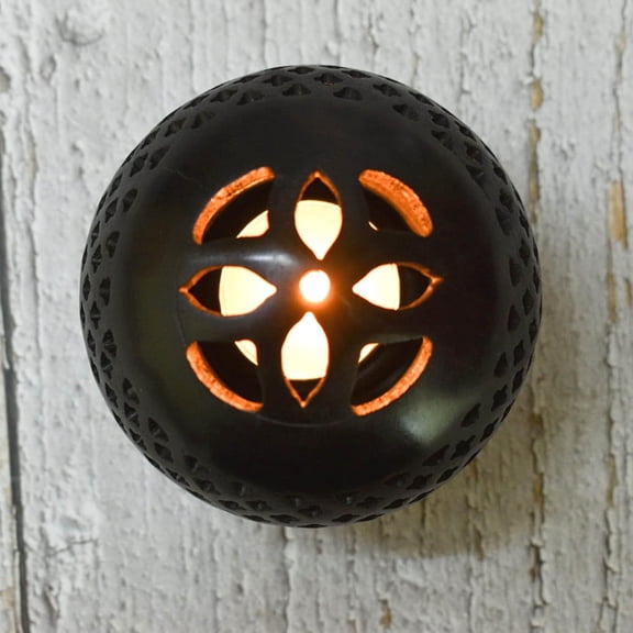 EFEMF-Tealight Candle Holder Soapstone/Gift for Loved Ones/Home/Office Decor (Black Round)- 4 inch