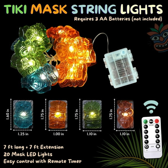 EFEMF-Tiki Mask String Lights Outdoor Waterproof 7FT 20PCS, Tropical Hawaiian Luau Party Lights Battery Operated LED with Remote Control, Patio Garden Porch Yard Pool BBQ Tiki Bar Summer Decorations