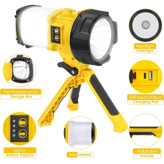 EFEMF-Tripod Rechargeable Camping Lantern, 6 Modes LED Flashlight Handheld Spotlight with 4000LM, IPX4 Waterproof Searchlight Work Light for Emergency Hiking Survival Kit - Yellow