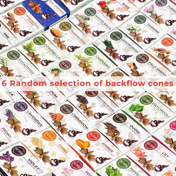 EFEMF-Trumiri Backflow Incense Cones for Waterfall Fountain - 6 Random Scents - Insence - Insenses - Large Long Lasting Variety Pack - Inciensos - 10 Cones per Scent - Total 60 Conos