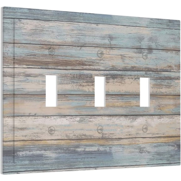 EFEMF-Turquoise Blue Plank Wood 3 Gang Triple Toggle Light Switch Wall Plate Cover Decorative Electrical Faceplate for Rustic Barn Door Home Living Room Decorate 6.7" x 4.8