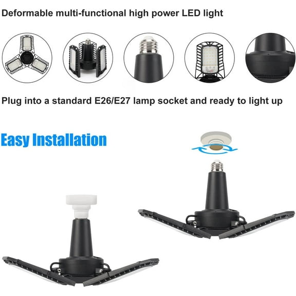 EFEMF-UL Certified LED Garage Ceiling Lights, 8000 Lumens, E26/E27 Adjustable Trilights, 80W, Ultra Bright 5000K Natural Daylight White