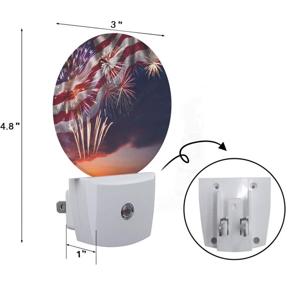 EFEMF-USA Flag Firework Night Light Plug Into Wall Waving American Flags Sky Sunset Auto Sensor LED Dusk to Dawn Light for Bedroom Staircase