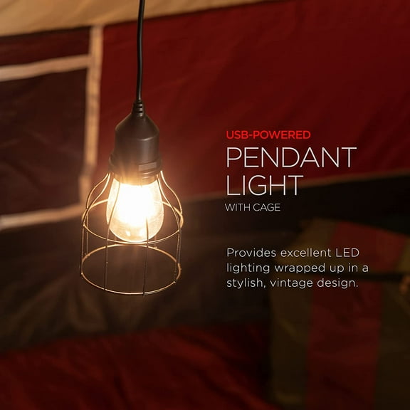 EFEMF-USB LED Pendant Light with Cage, Hanging Light Fixture, Lightweight, Vintage Farmhouse Style, Camping, Garage, Shed, Storm Shelter and More, 61747