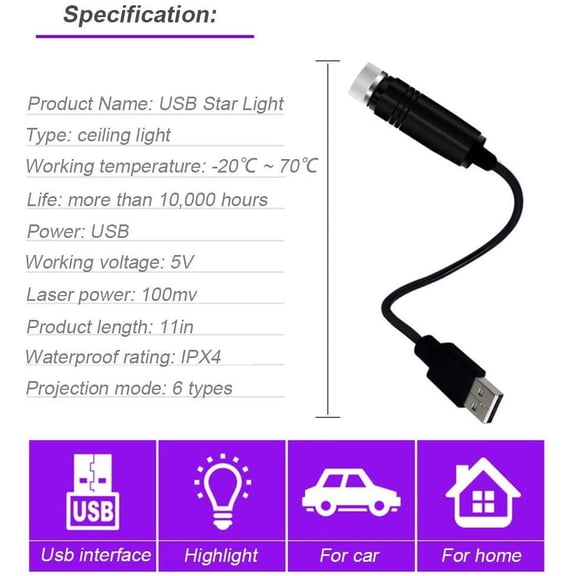 EFEMF-USB Night Light, Star Projector Night Light, Adjustable Romantic red Interior Car Lights, Bending Freely Portable Auto Roof Lights Decoration for Car, Ceiling, Bedroom, Party