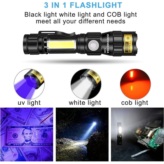 EFEMF-UV 365nm Flashlights USB Rechargeable LED 3 in 1 Blacklight, Ultraviolet Wood's Lamp, Anti-Counterfeit/Fluorescer Detection, Detector for Pet Urine, Black Lights 365 nm, Magnetic Base