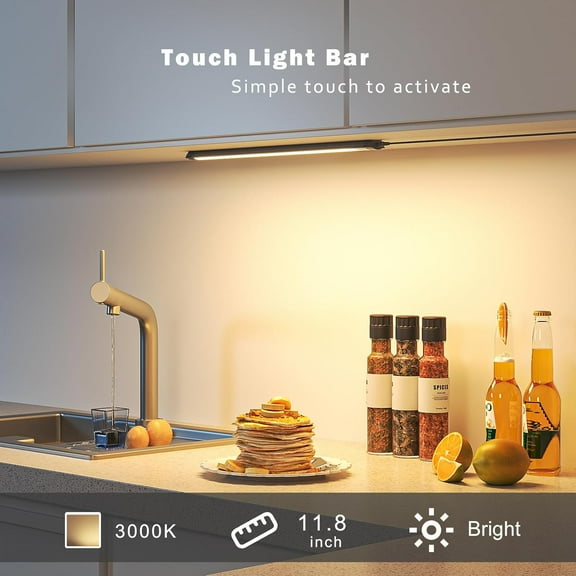 EFEMF-Under Cabinet Lights, 12" Touch Activated and Dimmable Aluminum LED Bar for Kitchen, Workbench and Desk, Warm White 3000K, Plug-in, Black.