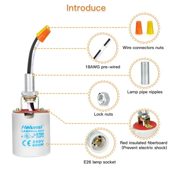 EFEMF-Upgraded Version - E26 E27 Ceramic Light Socket, Glazed Medium Base Porcelain Lamp Holder, Replacement Light Bulb Socket with 12" Wire Lead for Incandescent Edison Halogen LED Bulbs - 4 Pcs
