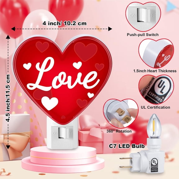 EFEMF-Valentine's Day Red Love Hearts Night Light,UL Certification Plug-in Lamp with C7 LED Bulb, 360 Rotating Plug for Bedroom, Bathroom & Hallway, Valentine Lighting Gift