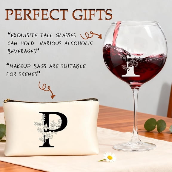 EFEMF-Valentines day Mothers day Gifts for Women, Monogrammed Wine Glasses with Makeup Bag, Unique Wedding White Elephant Gifts for Mom Dad Sister Teacher Wife Husband (P)