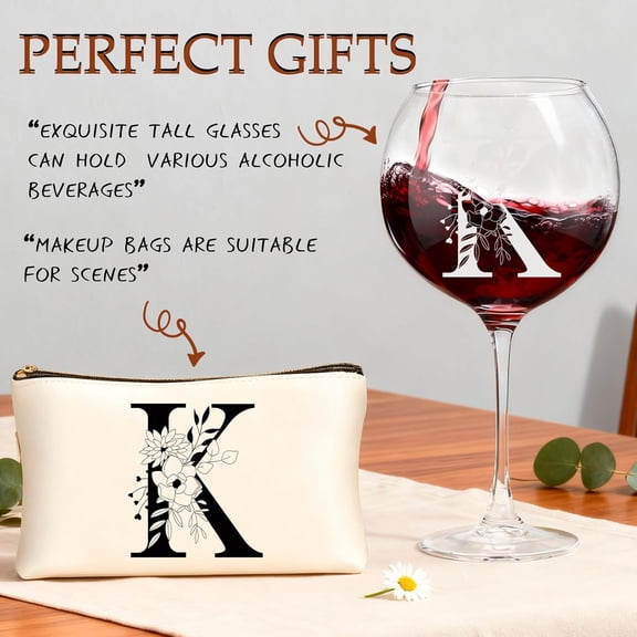 EFEMF-Valentines day Mothers day Gifts for Women, Monogrammed Wine Glasses with Makeup Bag, Unique Wedding White Elephant Gifts for Mom Dad Sister Teacher Wife Husband (K)