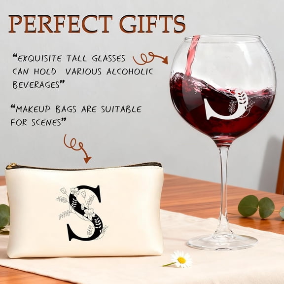 EFEMF-Valentines day Mothers day Gifts for Women, Monogrammed Wine Glasses with Makeup Bag, Unique Wedding White Elephant Gifts for Mom Dad Sister Teacher Wife Husband (S)