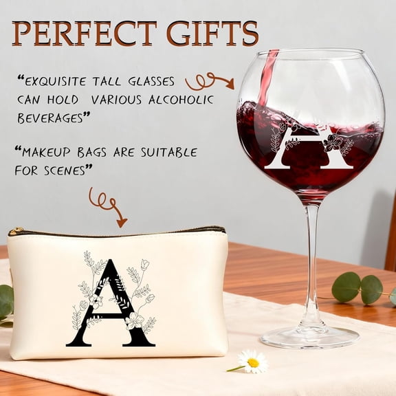 EFEMF-Valentines day Mothers day Gifts for Women, Monogrammed Wine Glasses with Makeup Bag, Unique Wedding White Elephant Gifts for Mom Dad Sister Teacher Wife Husband (A)