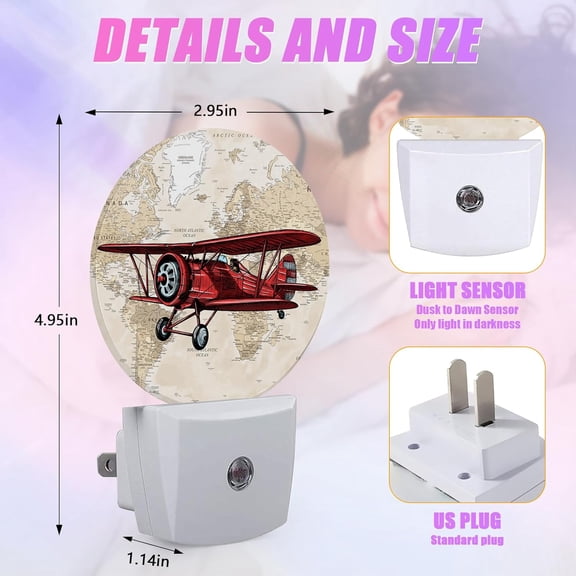 EFEMF-Vintage Airplane Night Light World Map Night Lights LED Lamp Round Plug into Wall Nightlight with Dusk to Dawn Sensor Home Hallway Stairway Kitchen Decor