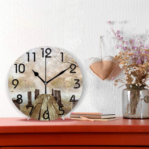 EFEMF-Vintage Foggy River Wooden Dock with Leaves and Tree Branches Round Wall Clock Decorative, 9.5 Inch Battery Operated Quartz Analog Quiet Desk Clock for Home,Office,School