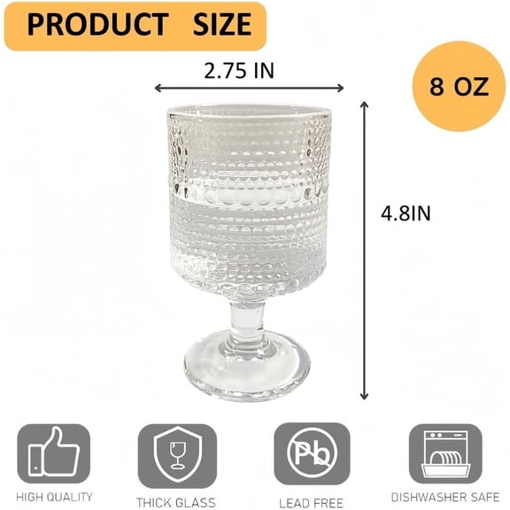 EFEMF-Vintage Hobnail Goblet Glasses of 4, 8 OZ Romantic Glass Cups Set, Cocktail Glasses, Wine Glasses for Bars, Restaurants, Party, Glass Globlets for Whiskey Coffee Soda Juice Beer