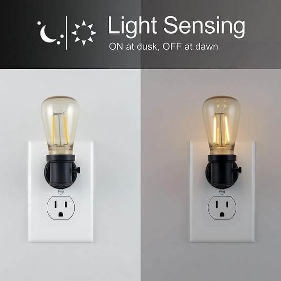 EFEMF-Vintage LED Edison Night Light, Plug-in, Dusk to Dawn, Farmhouse Decor, Mood Lighting, Home Decor, Ambient Lighting, LED Lights for Bedroom, Bathroom, Kitchen, Hallway, Black, 2 Pack, 71349