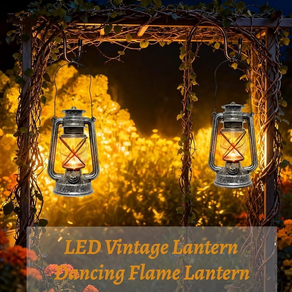 EFEMF-Vintage LED Outdoor Lantern Battery Powered Lanterns with Flame Wick Waterproof Camping Lamp Non-Solar Hanging Lantern Lights Landscape Decor for Indoor/Outdoor Use- Silver Color