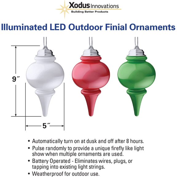 EFEMF-WP665 Battery Powered Hanging Decorative Outdoor Pulsing 8" Finial Light with Sensor Turns-On at Dark, Light Green