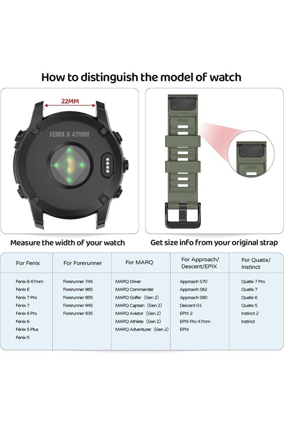 -Watch Band for Garmin Fenix 8 47mm/Fenix 7 Pro/Fenix 7/Fenix 6 Pro/Fenix 6/Fenix 5/Epix Pro 47mm/Fenix E, 22mm Silicone QuickFit Band