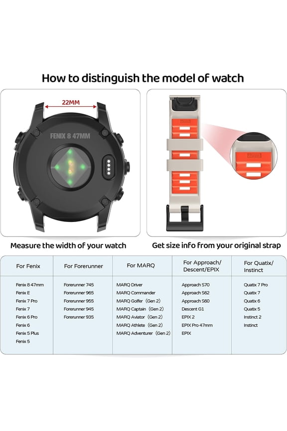 -Watch Band for Garmin Fenix 8 47mm/Fenix 7 Pro/Fenix 7/Fenix 6 Pro/Fenix 6/Fenix 5/Epix Pro 47mm/Fenix E, 22mm Silicone QuickFit Band