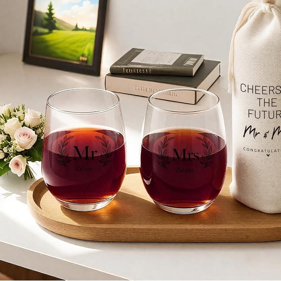 EFEMF-Wedding Gifts for Couples 2025, Mr and Mrs Gifts, Bridal Shower 18 Oz Wine Glass Set