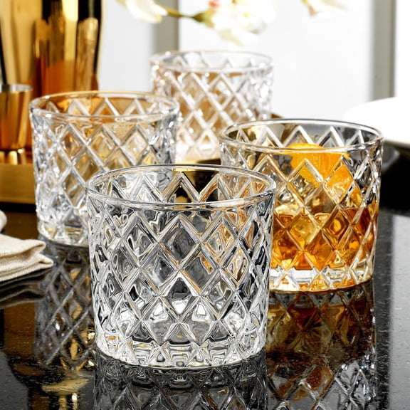 EFEMF-Whiskey Glasses Set of 4. 10oz. Double Old Fashioned Glass for Cocktail Bourbon Rock Glasses,Bar Glass for Scotch Tequlia Rum. Diamond Cut. Gift for him