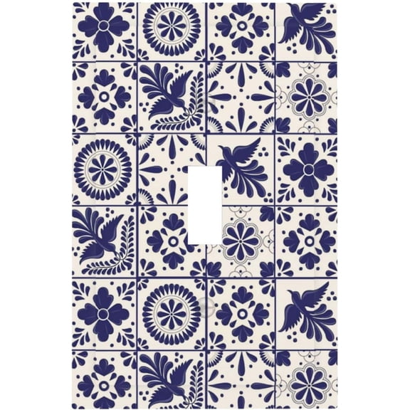 EFEMF-White/Blue Mexican Tile Single Toggle Light Switch Plates Outlet Covers Decorative 1 Gang Receptacle Wall Plate Mediterranean Morocco Spanish Ceramic Mosaic Bedroom Decorate Plug Light Switch C