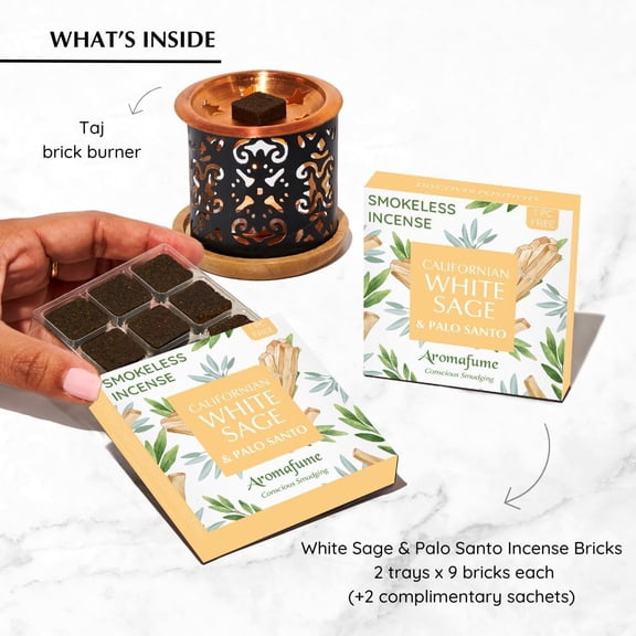 EFEMF-White Sage & Palo Santo Incense Bricks with Taj Exotic Burner by | 2x9 Bricks | Sage Incense for Cleansing Negative Energy & Protection | Sage for Smokeless Smudging