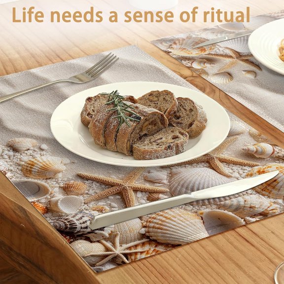 EFEMF-White Sand Placemats Set of 6,Starfish Seashells Waterproof Non-Slip Washable Table Mats for Kitchen Dining Holiday Party Wedding Decor 12x18 Inch