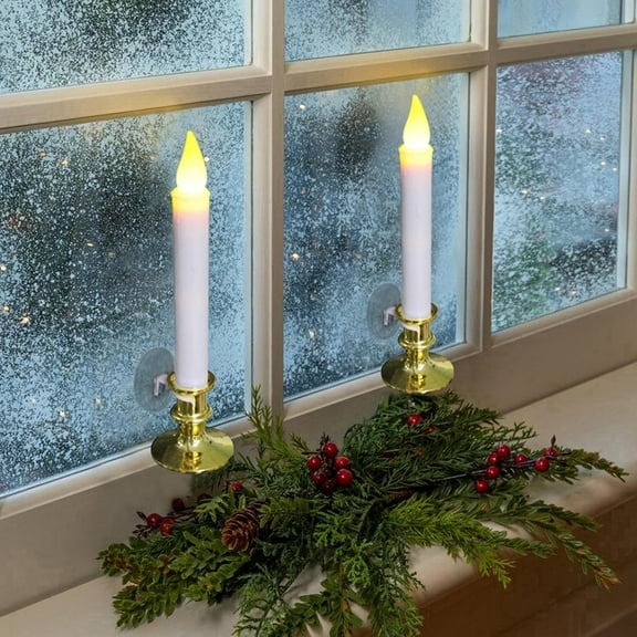 EFEMF-Window Candles with Suction Cups, Battery Operated LED Taper, Auto On/Off, Removable Gold Base, Flickering Warm Orange Flameless Lights Decor. (2 Pack)