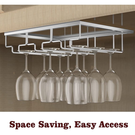 EFEMF-Wine Glass Rack, Wine Glass Hanger Rack Under Cabinet Stemware Holder Storage Hanger for Bar Kitchen Cabinet (3 Rows), Nano Silver