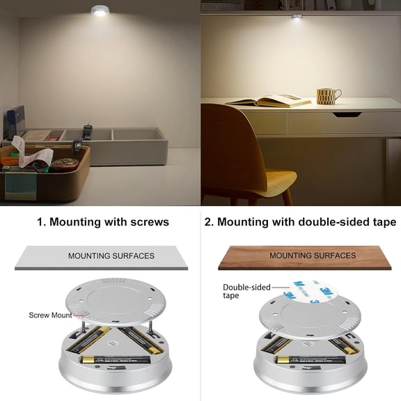 EFEMF-Wireless LED Puck Lights, Touch Activated Tap Ligh Push Light, Battery Operated Stick On Lights for Under Cabinet, Kitchen, Closet & Counters, 3-Pack, Silver (Included 3AAA Batteries)