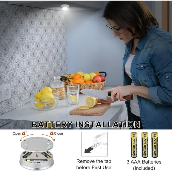 EFEMF-Wireless LED Puck Lights, Touch Activated Tap Ligh Push Light, Battery Operated Stick On Lights for Under Cabinet, Kitchen, Closet & Counters, 6-Pack,Silver